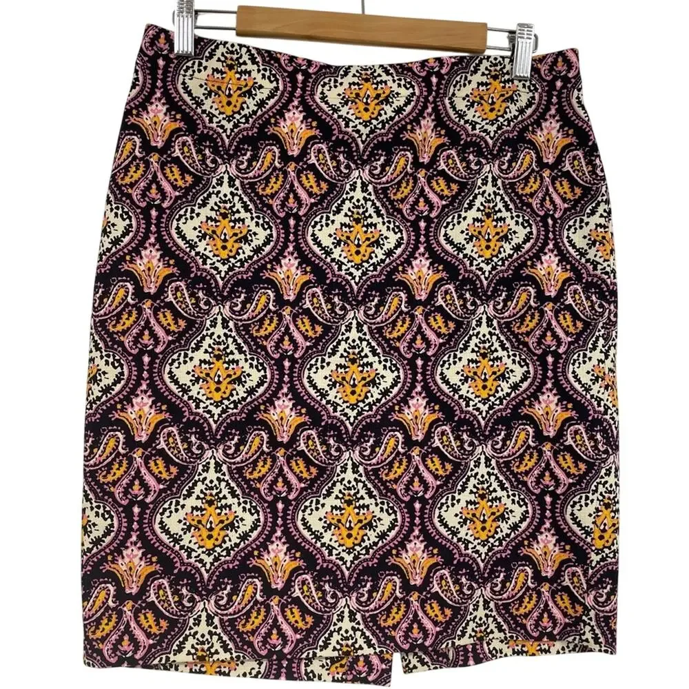 J Crew The Pencil Skirt Pink Yellow Black Paisley Print Mini Womens 6 Straight